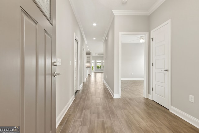 125 The Villas Way, Kingsland, GA 31548 - hallway featuring ornamental molding, light wood-style floors, baseboards, and recessed lighting
