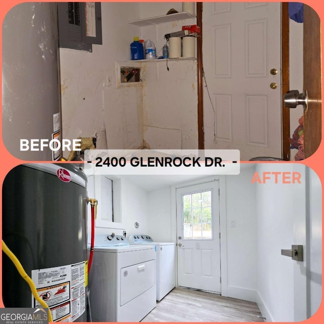 2400 Glenrock Dr, Decatur, GA 30032 - laundry area with gas water heater, light wood-type flooring, washing machine and dryer, and electric panel