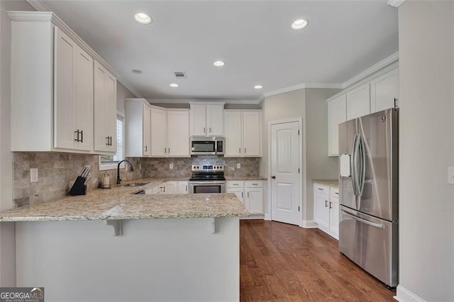 47 Whitley Ct, Dallas, GA 30157 - kitchen with appliances with stainless steel finishes, a peninsula, ornamental molding, a sink, and dark wood finished floors