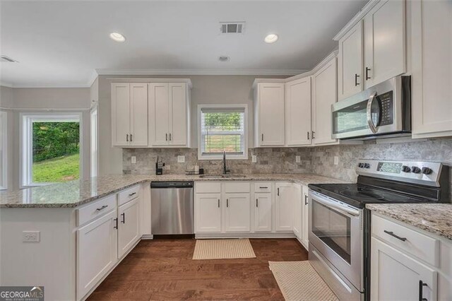 47 Whitley Ct, Dallas, GA 30157 - kitchen featuring stainless steel appliances, a sink, a peninsula, ornamental molding, and white cabinets