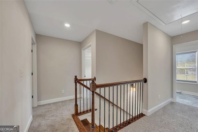 47 Whitley Ct, Dallas, GA 30157 - hallway with attic access, an upstairs landing, carpet, baseboards, and recessed lighting