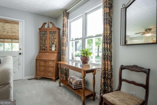 living area with carpet floors, a ceiling fan, and baseboards