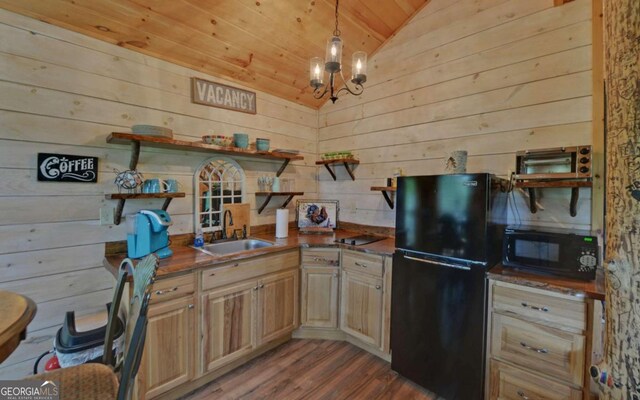 315 Call Wright Rd, Ellijay, GA 30540 - kitchen featuring black appliances, open shelves, vaulted ceiling, wooden ceiling, and dark wood-style flooring
