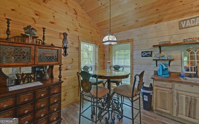 315 Call Wright Rd, Ellijay, GA 30540 - dining space with lofted ceiling, wood walls, wooden ceiling, and wood finished floors