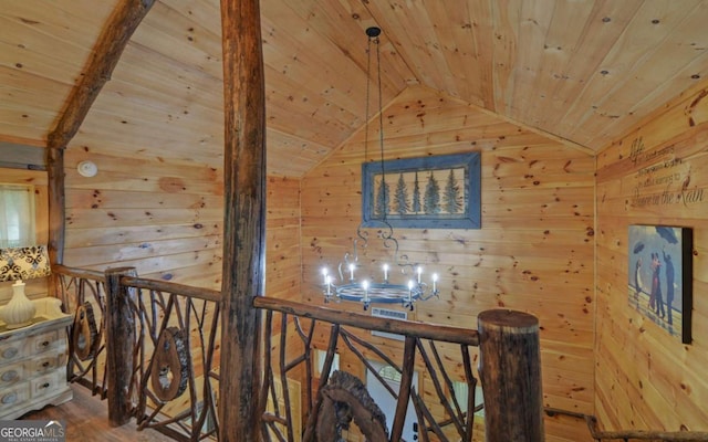 315 Call Wright Rd, Ellijay, GA 30540 - hallway with wooden ceiling, lofted ceiling, an upstairs landing, wood finished floors, and wood walls