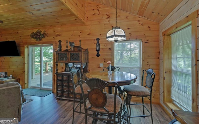315 Call Wright Rd, Ellijay, GA 30540 - dining area with vaulted ceiling, wood ceiling, wood walls, and wood finished floors