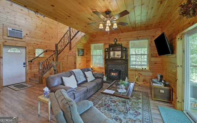 315 Call Wright Rd, Ellijay, GA 30540 - living area with wooden ceiling, wooden walls, stairs, ceiling fan, and wood finished floors