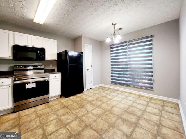kitchen with black appliances, dark countertops, white cabinets, and a textured ceiling