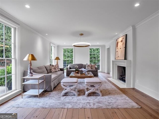 3625 Tuxedo Rd NW, Atlanta, GA 30305 - living area featuring hardwood / wood-style floors, a fireplace with flush hearth, ornamental molding, and recessed lighting