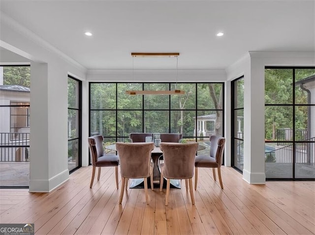 3625 Tuxedo Rd NW, Atlanta, GA 30305 - dining room featuring ornamental molding, hardwood / wood-style floors, baseboards, and recessed lighting