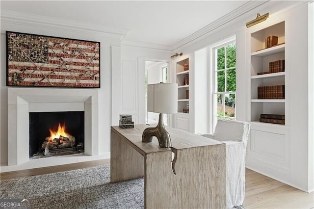 3625 Tuxedo Rd NW, Atlanta, GA 30305 - office space with built in shelves, light wood-style flooring, crown molding, and a warm lit fireplace