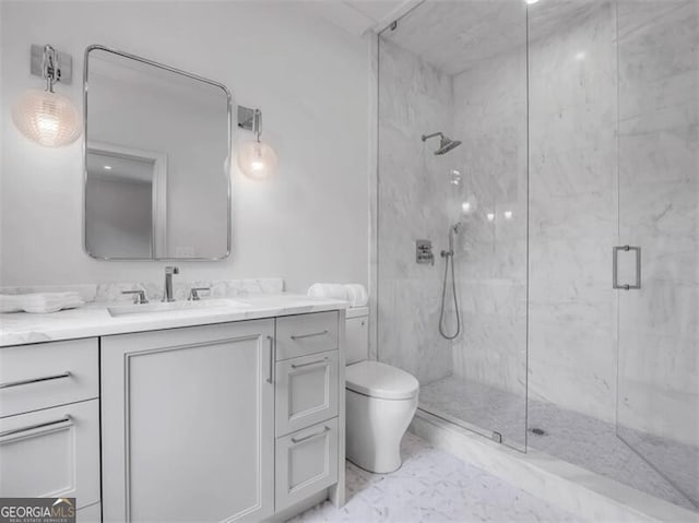 3625 Tuxedo Rd NW, Atlanta, GA 30305 - bathroom featuring a marble finish shower, vanity, toilet, and marble look tiles