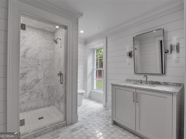3625 Tuxedo Rd NW, Atlanta, GA 30305 - bathroom with ornamental molding, a stall shower, toilet, vanity, and recessed lighting