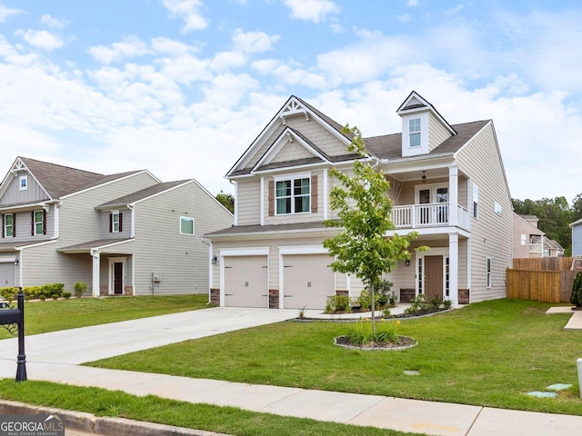 craftsman-style home featuring a balcony, an attached garage, concrete driveway, and stone siding