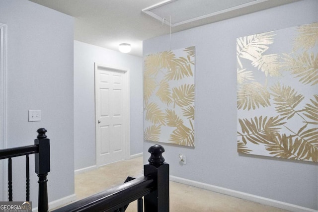 456 Crestmont Ln, Canton, GA 30114 - corridor featuring attic access, an upstairs landing, and carpet flooring