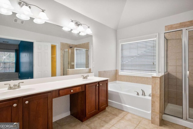 456 Crestmont Ln, Canton, GA 30114 - bathroom with a stall shower, double vanity, a garden tub, tile patterned floors, and vaulted ceiling