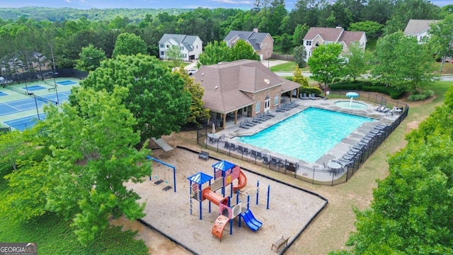 456 Crestmont Ln, Canton, GA 30114 - community pool with an outdoor hot tub and a residential view