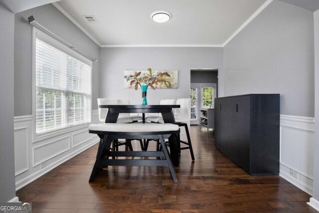456 Crestmont Ln, Canton, GA 30114 - dining area featuring ornamental molding, dark wood finished floors, a wainscoted wall, and a decorative wall