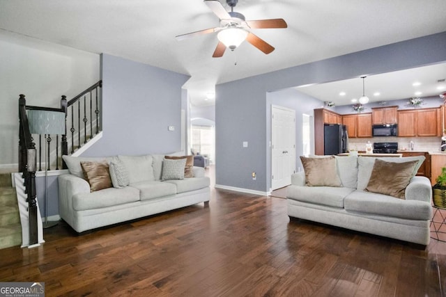 456 Crestmont Ln, Canton, GA 30114 - living area with dark wood-type flooring, stairs, ceiling fan, and recessed lighting