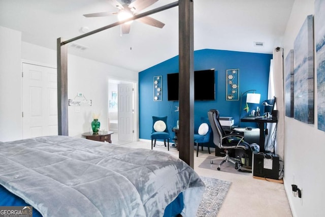 456 Crestmont Ln, Canton, GA 30114 - carpeted bedroom featuring an office area, lofted ceiling, and a ceiling fan
