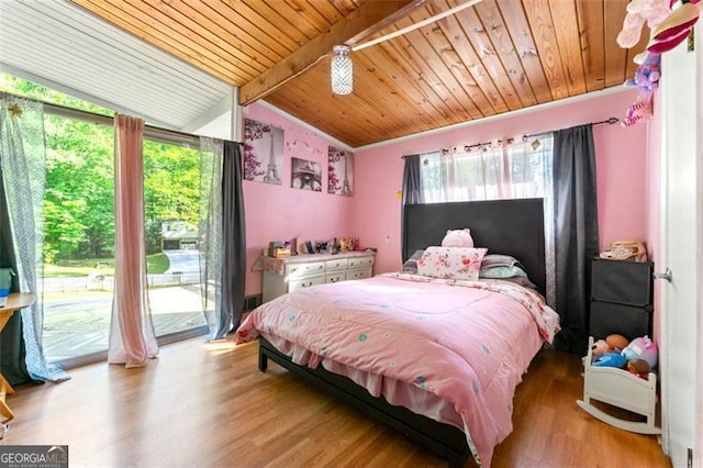 4882 Rock Haven Dr SW, Lilburn, GA 30047 - bedroom with multiple windows, access to exterior, wood finished floors, and wooden ceiling