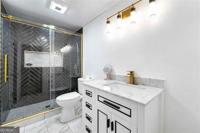 4882 Rock Haven Dr SW, Lilburn, GA 30047 - full bathroom featuring toilet, a shower stall, vanity, and marble finish floors