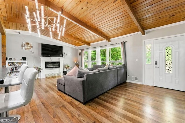 4882 Rock Haven Dr SW, Lilburn, GA 30047 - living area with wooden ceiling, wood finished floors, a chandelier, a glass covered fireplace, and baseboards