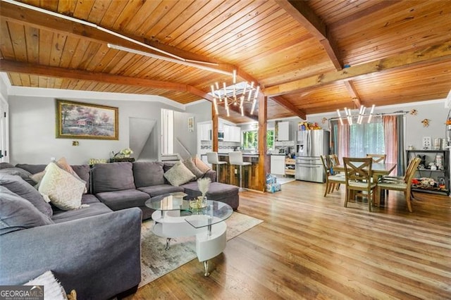 4882 Rock Haven Dr SW, Lilburn, GA 30047 - living area featuring a chandelier, wooden ceiling, light wood finished floors, and stairway