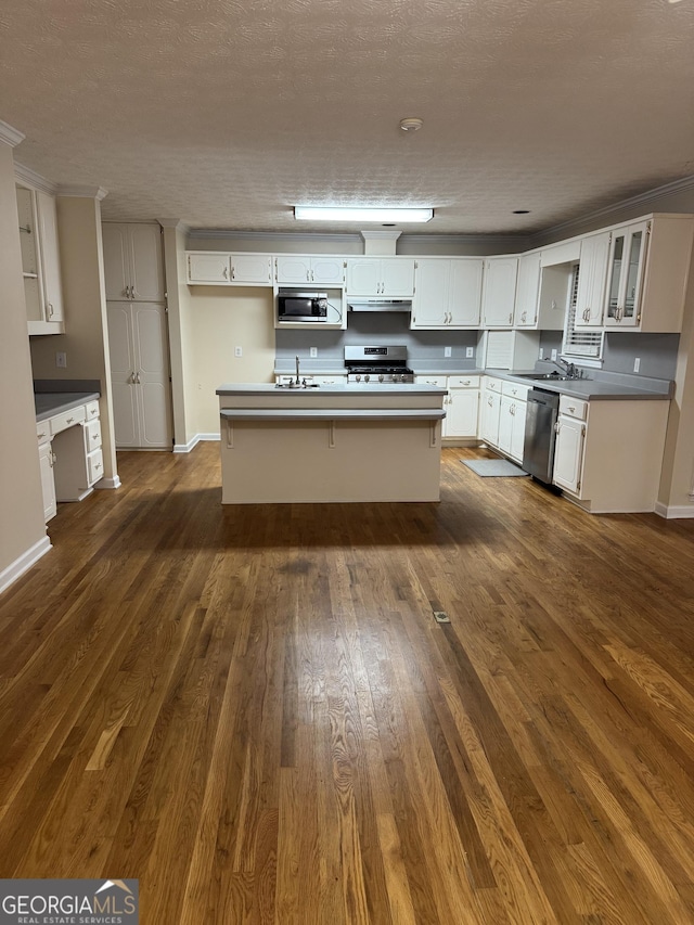 143 Tracy Ln, Mcdonough, GA 30253 - kitchen featuring appliances with stainless steel finishes, a sink, dark wood-style floors, under cabinet range hood, and white cabinetry