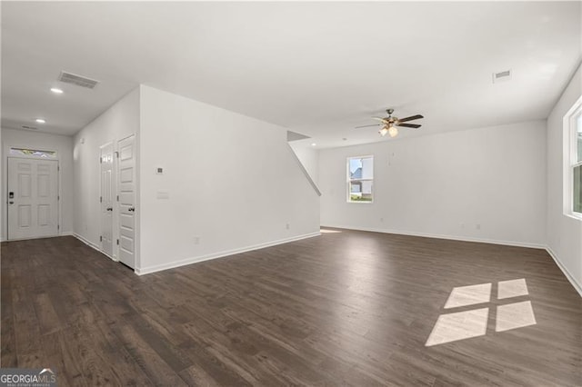 45 Vermillion Way, Covington, GA 30016 - unfurnished living room featuring dark wood-type flooring, ceiling fan, and recessed lighting