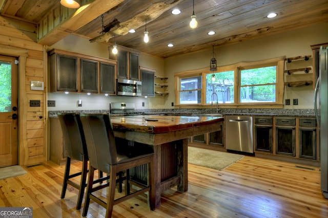 179 Huckleberry Ln, Ellijay, GA 30536 - kitchen featuring appliances with stainless steel finishes, open shelves, wooden ceiling, light wood-type flooring, and hanging light fixtures