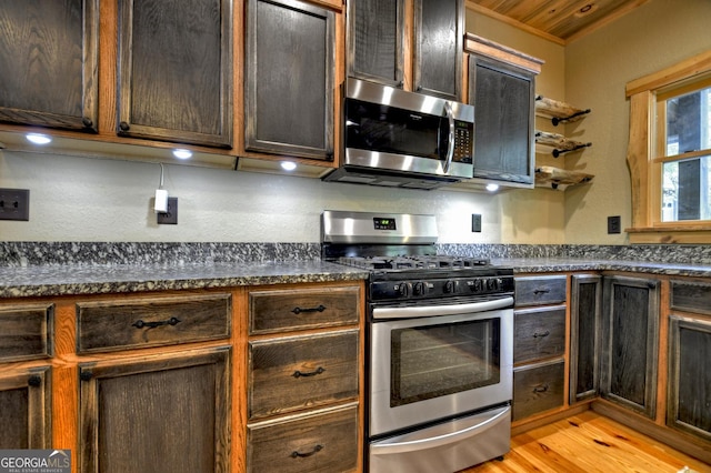 179 Huckleberry Ln, Ellijay, GA 30536 - kitchen with stainless steel appliances, dark countertops, light wood finished floors, and dark brown cabinets