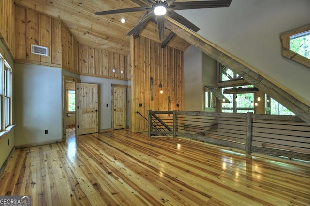 179 Huckleberry Ln, Ellijay, GA 30536 - unfurnished living room featuring high vaulted ceiling, wood-type flooring, a ceiling fan, and wood ceiling