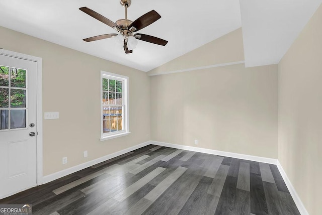 3571 Kennesaw Station Dr NW, Kennesaw, GA 30144 - unfurnished room with vaulted ceiling, dark wood-style flooring, ceiling fan, and baseboards