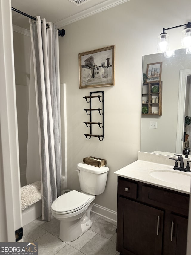 full bathroom with crown molding, toilet, vanity, curtained shower, and tile patterned flooring