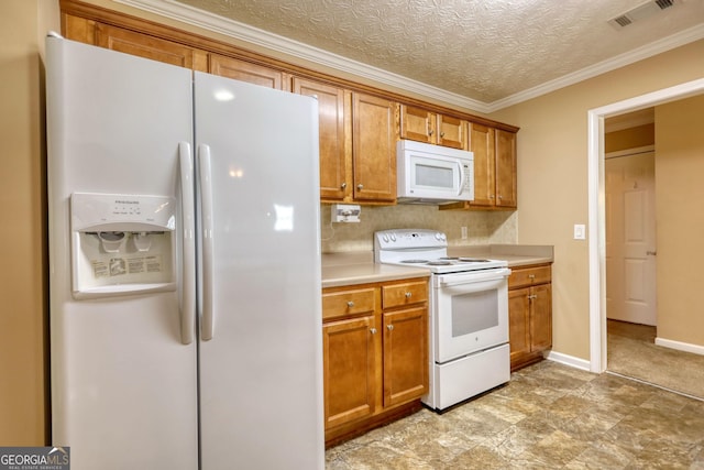 kitchen featuring white appliances, light countertops, brown cabinetry, crown molding, and tasteful backsplash