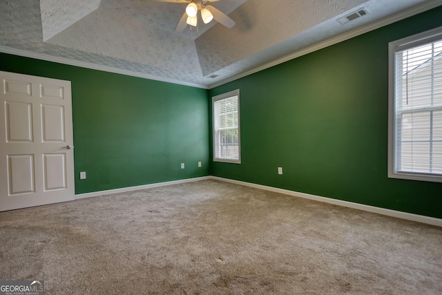empty room featuring a textured ceiling, plenty of natural light, ceiling fan, carpet floors, and baseboards