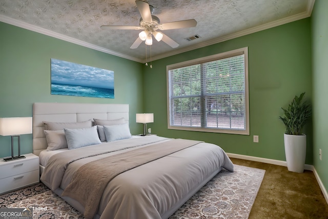 bedroom featuring baseboards, carpet flooring, ceiling fan, and ornamental molding