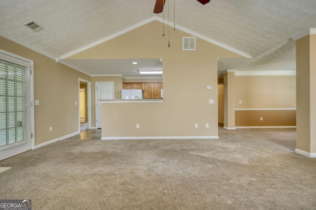 unfurnished living room with ceiling fan, light colored carpet, baseboards, and high vaulted ceiling