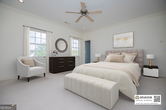 carpeted bedroom with ornamental molding, baseboards, recessed lighting, and a ceiling fan