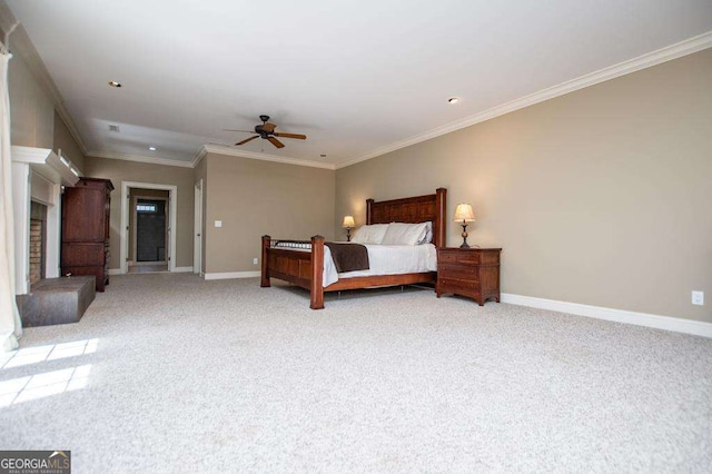 bedroom featuring light carpet, baseboards, ornamental molding, recessed lighting, and ceiling fan