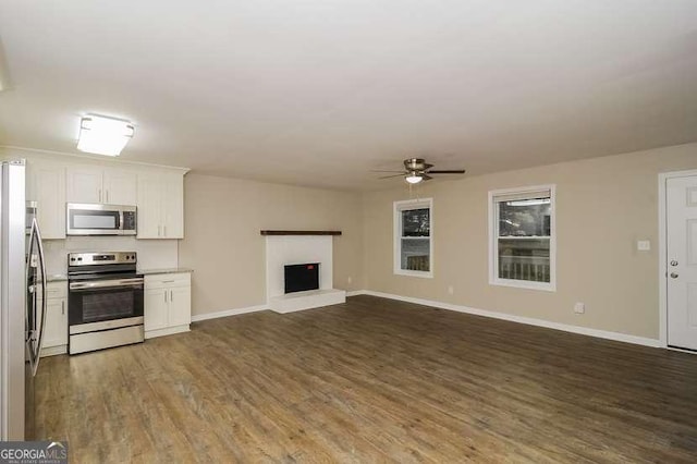 434 Mona Pl, Dallas, GA 30132 - kitchen featuring appliances with stainless steel finishes, dark wood-style flooring, a ceiling fan, and open floor plan