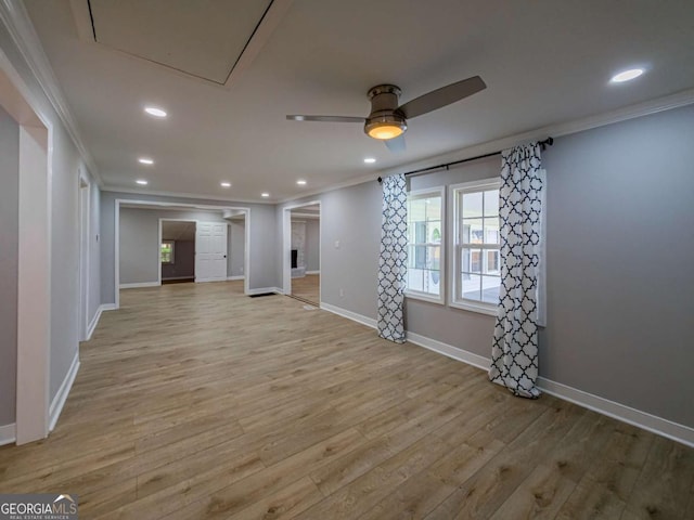 136 Oak St Unit 0, Omega, GA 31775 - unfurnished room with ornamental molding, a ceiling fan, baseboards, light wood-style flooring, and recessed lighting