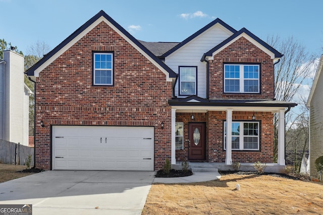7902 W Shore Cir, Riverdale, GA 30296 - traditional home with an attached garage, brick siding, driveway, and fence