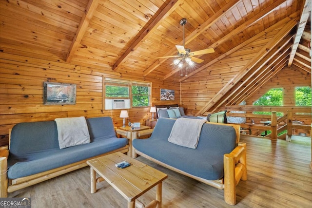 1600 My Mountain Rd, Morganton, GA 30560 - living area featuring wooden walls, wooden ceiling, wood finished floors, ceiling fan, and cooling unit