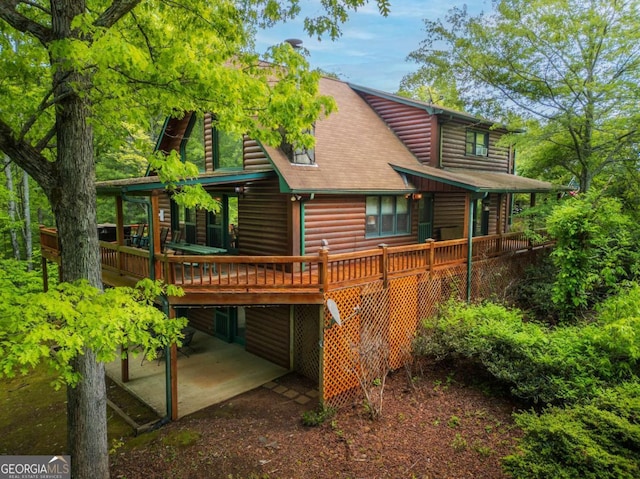 1600 My Mountain Rd, Morganton, GA 30560 - back of property with log veneer siding, a wooden deck, a patio, and a shingled roof