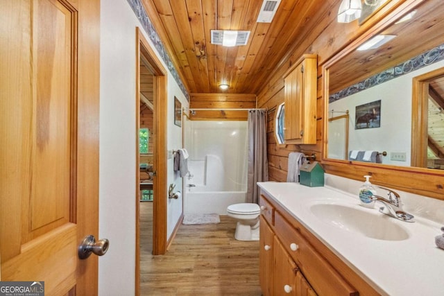 1600 My Mountain Rd, Morganton, GA 30560 - full bath with wooden ceiling, wood finished floors, toilet, vanity, and shower / bathtub combination with curtain