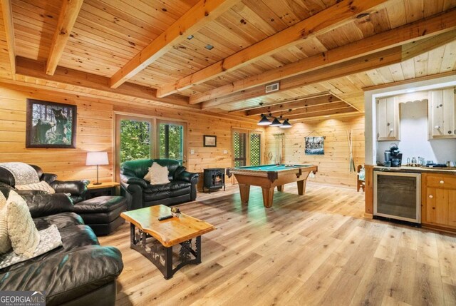 1600 My Mountain Rd, Morganton, GA 30560 - game room featuring wine cooler, beamed ceiling, wooden walls, billiards table, and light wood-style flooring