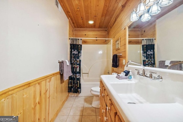 1600 My Mountain Rd, Morganton, GA 30560 - full bathroom featuring wood walls, wooden ceiling, vanity, tile patterned floors, and toilet