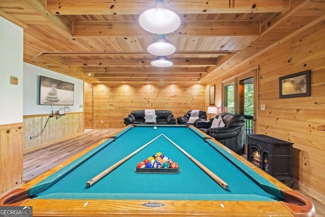 1600 My Mountain Rd, Morganton, GA 30560 - playroom featuring wooden ceiling, pool table, wooden walls, wood finished floors, and a wood stove